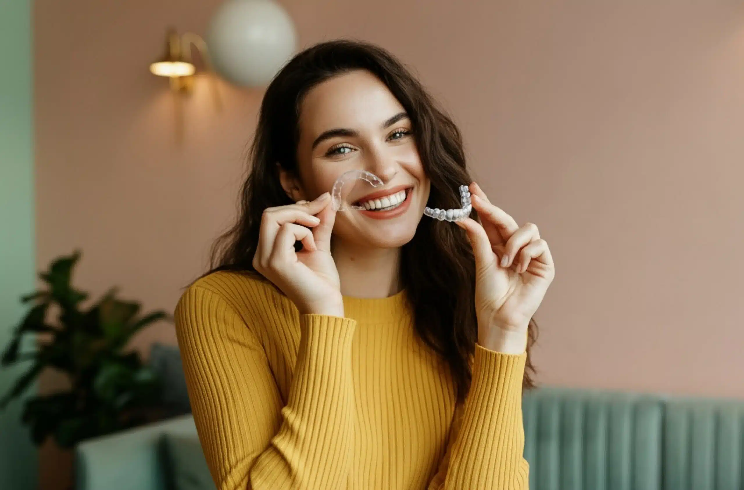 Woman smiling while wearing clear aligners