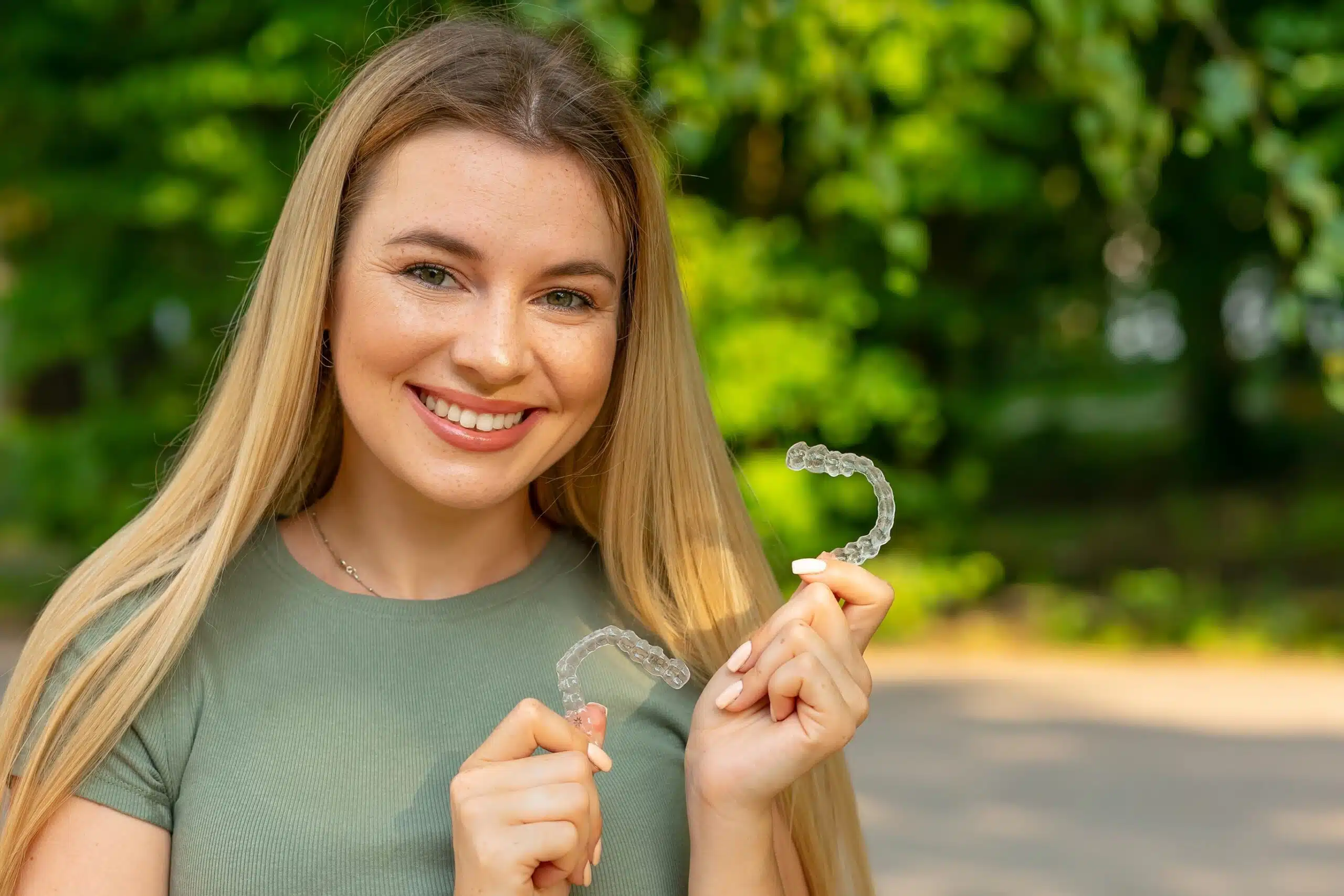 Smiling woman holding clear Invisalign aligners outdoors.