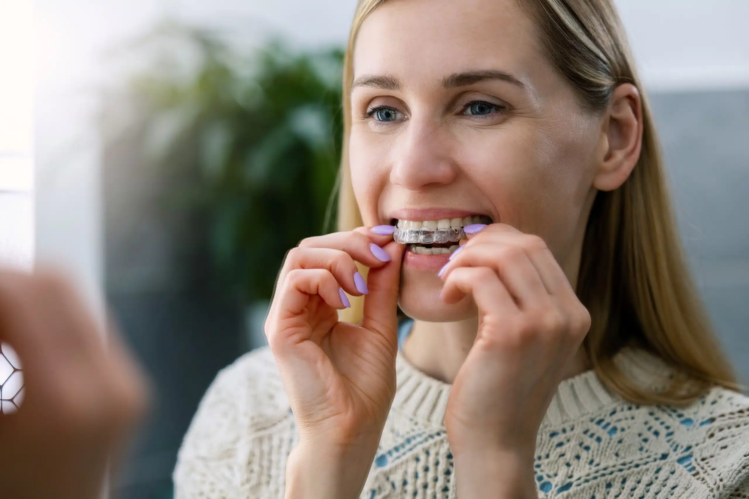 Woman wearing Invisalign clear aligners